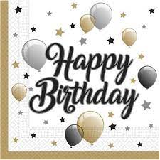 20 Serviettes Happy Birthday Noir/Dore